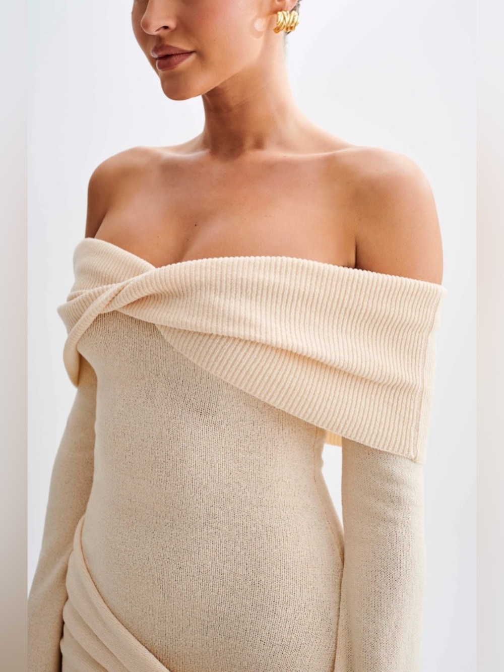 NWT Meshki Camryn Off Shoulder‎ Tie Knit Mini Dress Cream Marle Women’s Size L - Picture 6 of 11